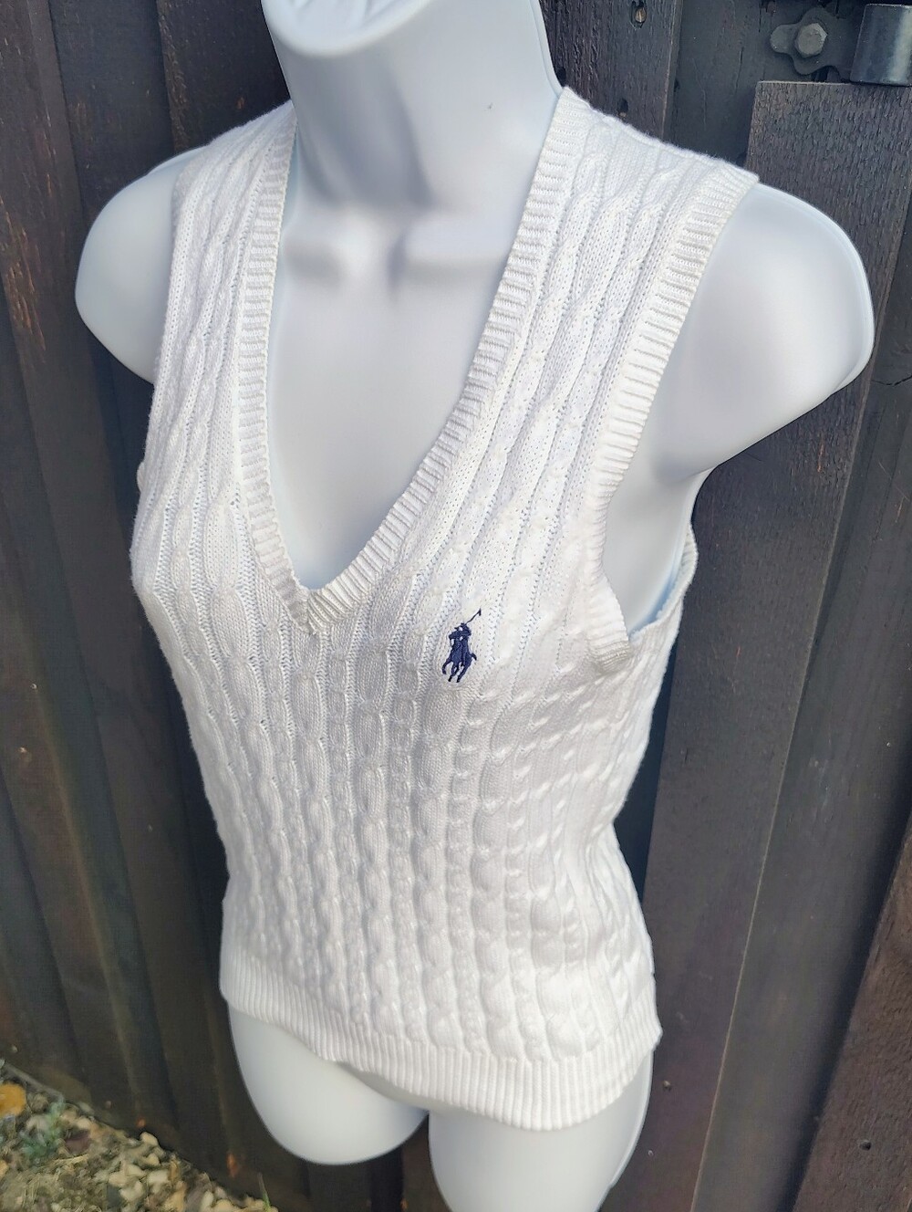 Ralph Lauren White Cable Knit V-Neck Polo Tank with Navy Logo